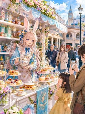 Otherworldly Rabbit Girl Tea Shop in London - AI image template preview