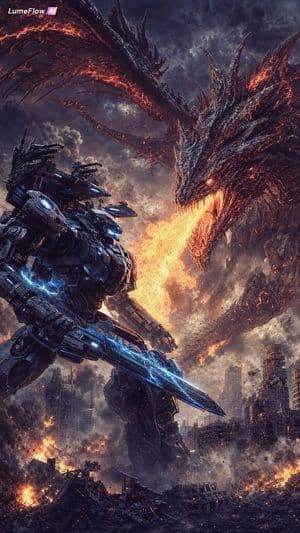 Robot vs Dragon Epic Battle - AI image template preview