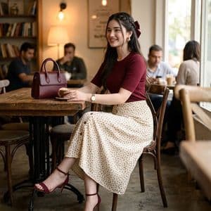 Cozy Café Maroon Outfit Portrait - AI image template preview
