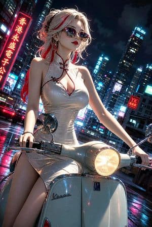 Cyberpunk Vespa Rider in Hong Kong - AI image template preview