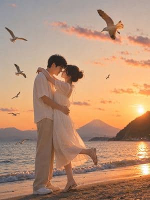 Romantic Zushi Beach Sunset Couple - AI image template preview