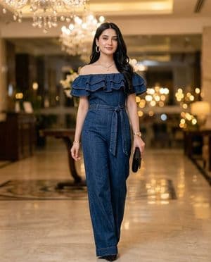 Luxury Lobby Denim Jumpsuit Portrait - AI image template preview