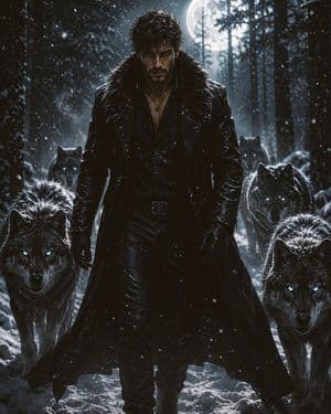 Man and Wolves Snowy Forest - AI image template preview