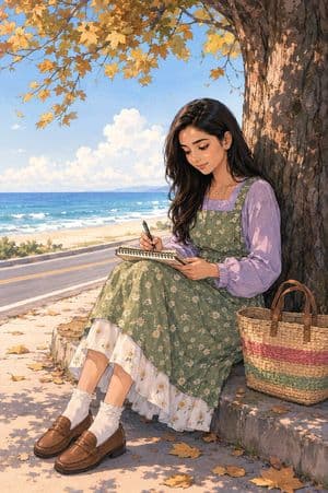 Anime Girl Sketch by the Sea - AI image template preview
