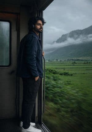 Realistic Train Portrait with Rainy Atmosphere - AI image template preview