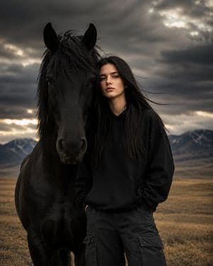 Mythical Woman and Black Horse Portrait - AI image template preview