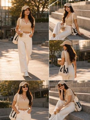 Sunlit Urban Golden Hour Fashion Portrait - AI image template preview