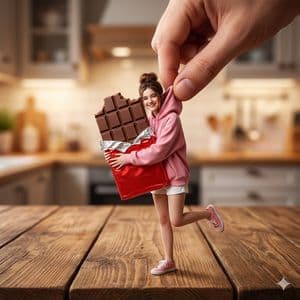 Tiny Woman Hugging Giant Chocolate - AI image template preview