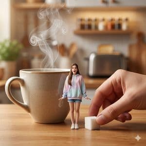 Tiny Woman Beside Giant Coffee Cup - AI image template preview