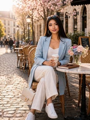 Sunlit Street Cafe Fashion Portrait - AI image template preview