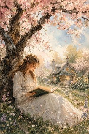 Springtime Watercolor Reading Scene - AI image template preview
