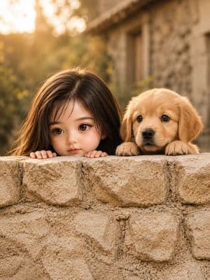 Girl and Puppy Over Stone Wall - AI image template preview