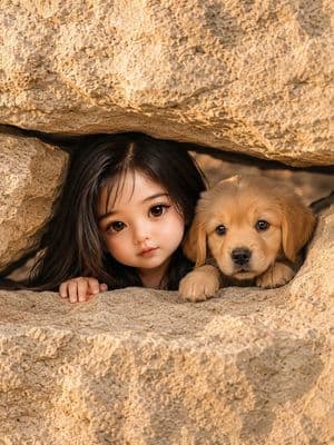 Girl and Puppy in Sandstone Gap - AI image template preview