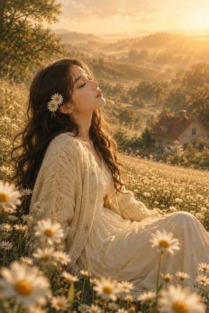 Golden Hour Daisy Meadow Portrait - AI image template preview