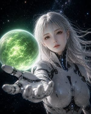 Female Android Holding Green Planet - AI image template preview