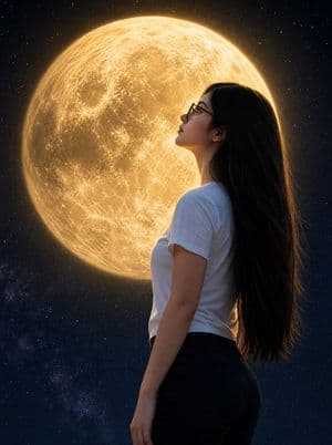 Woman Gazing at Giant Golden Moon - AI image template preview