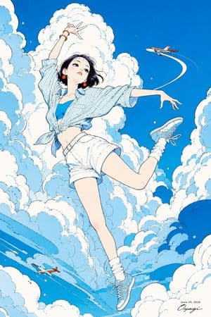 Anime Girl Floating in Summer Clouds - AI image template preview