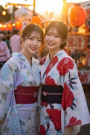 Two Friends in Yukata at Summer Festival - AI image template preview