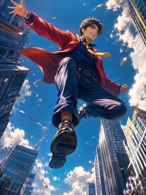 Anime Hero Leaping Through City Sky - AI image template preview