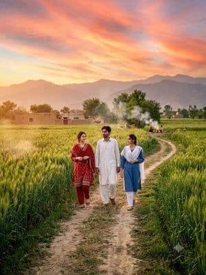 Rural Sunset Portrait of Pakistani Man and Women - AI image template preview