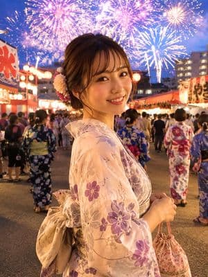 Japanese Fireworks Festival Yukata Portrait - AI image template preview