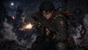 Anime Soldier in Moonlit Urban Warzone - AI image template preview