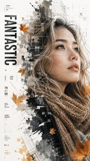 Double Exposure Autumn Leaves Portrait - AI image template preview