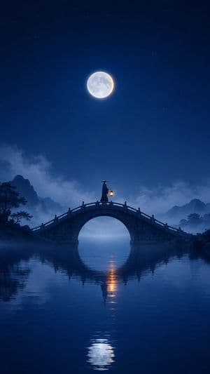 Oriental Zen Moonlit Bridge Poster - AI image template preview