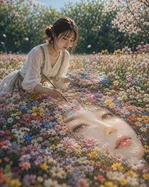 Woman Painting a Floral Portrait - AI image template preview
