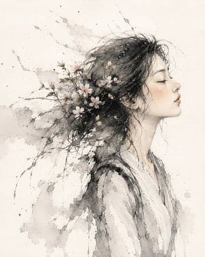 Ink Wash Cherry Blossom Portrait - AI image template preview