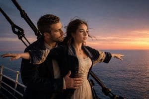 Romantic Ocean Liner Sunset Scene - AI image template preview