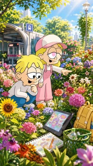 Children Discover Flowers in Anime Garden preview