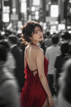 Woman in Red Dress in Monochrome City - AI image template preview