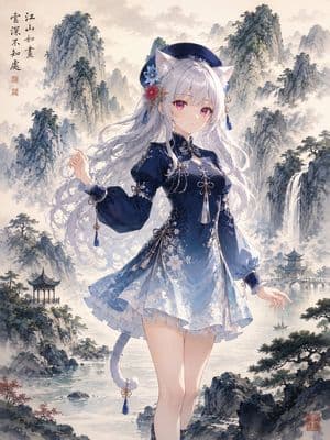 Anime Catgirl in Chinese Ink Landscape - AI image template preview