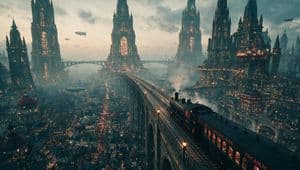 High-Angle Steampunk City Train View - AI image template preview