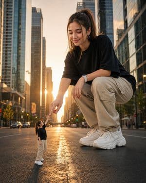 Giant Woman Forced Perspective Street Photo - AI image template preview