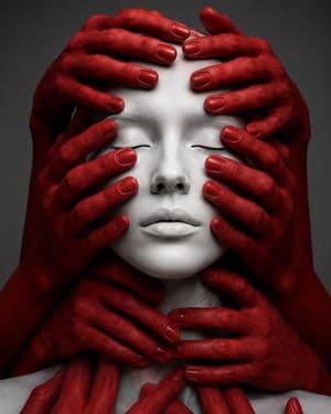 Surreal Portrait with Crimson Hands - AI image template preview