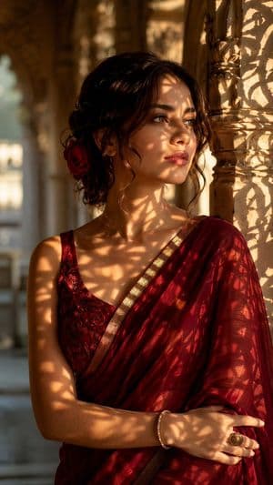 Crimson Silk Saree Palace Portrait - AI image template preview
