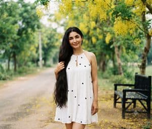 Woman in White Dress on Park Path - AI image template preview