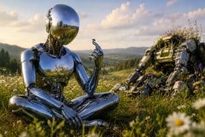 Chrome Robot Wondering in Meadow - AI image template preview