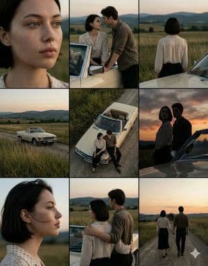 Cinematic Countryside Road Stop Film Still Grid - AI image template preview