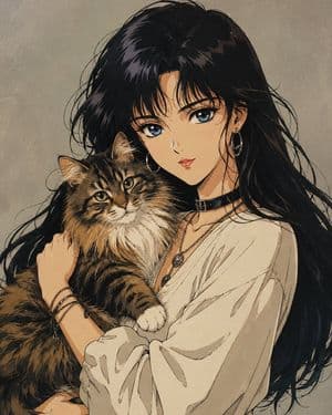 Retro Shoujo Anime Girl with Cat - AI image template preview