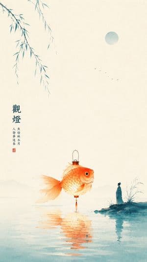 Oriental Zen Minimalist Goldfish Lantern Poster - AI image template preview