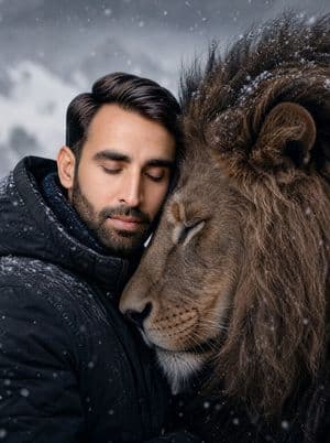Man and Lion Bonding Portrait - AI image template preview
