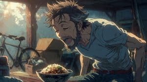 Hungry Man in Sunlit Garage - AI image template preview