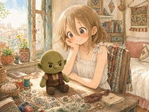 Girl Sewing Goblin Plush - AI image template preview