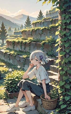 Anime Girl in Overgrown Mountain Garden preview