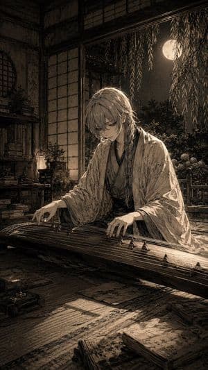 Moonlit Koto Player - AI image template preview