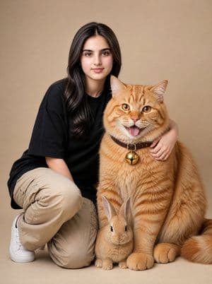 Cozy Portrait with a Giant Cat and Bunny - AI image template preview