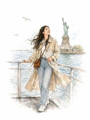 Watercolor Illustration of a Woman on a NYC Ferry - AI image template preview